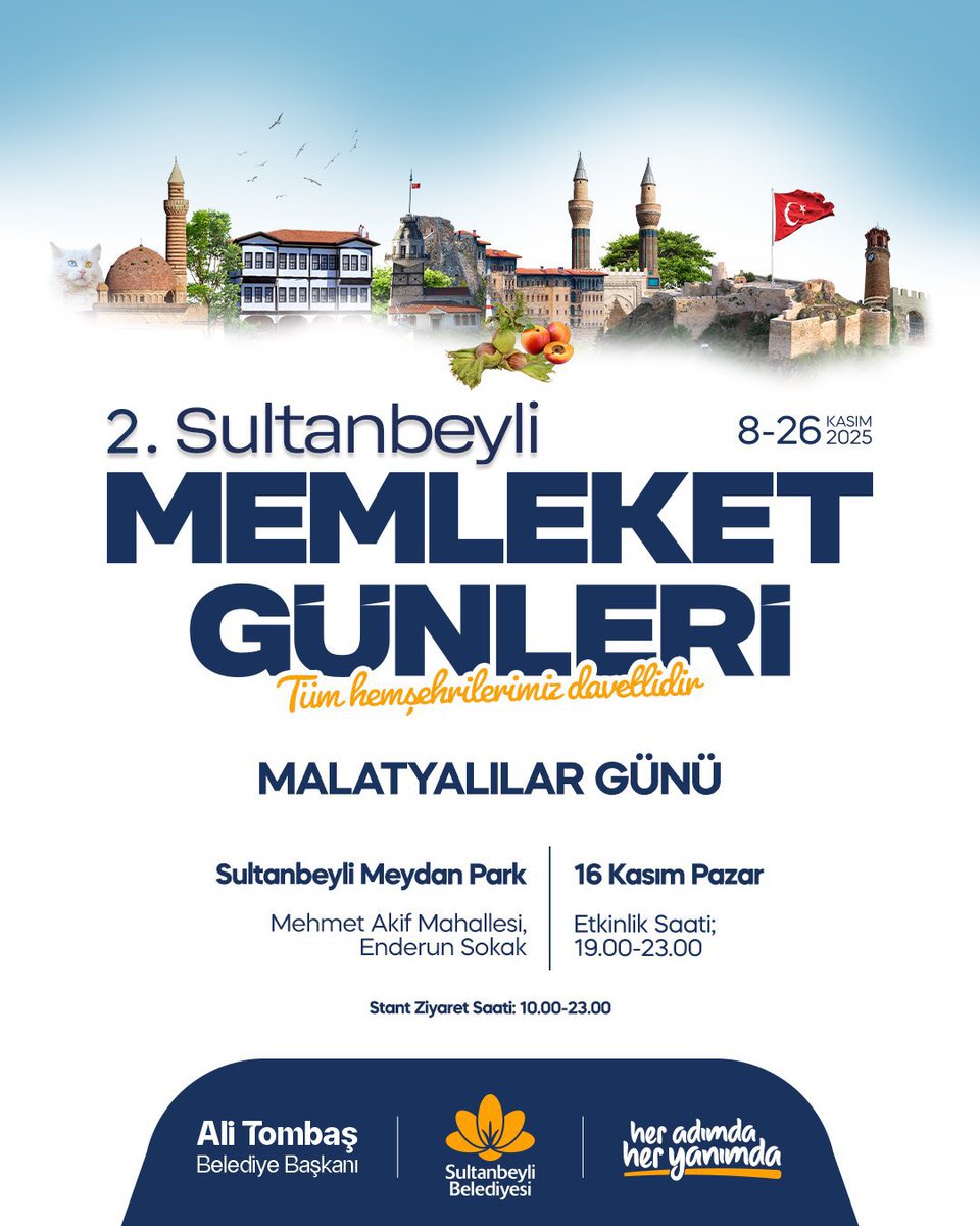 2. Sultanbeyli Memleket Günleri’nde yarın Malatya, Amasya ve Niğde günü

Şehirlerimizin yöresel lezzetleri, oyunları ve kültürel değerleriyle renk katacağı Memleket Günleri’mize tüm hemşehrilerimizi bekleriz.

📆16 Kasım Pazar
⏰15.00-23.00
📍Sultanbeyli Meydan Park