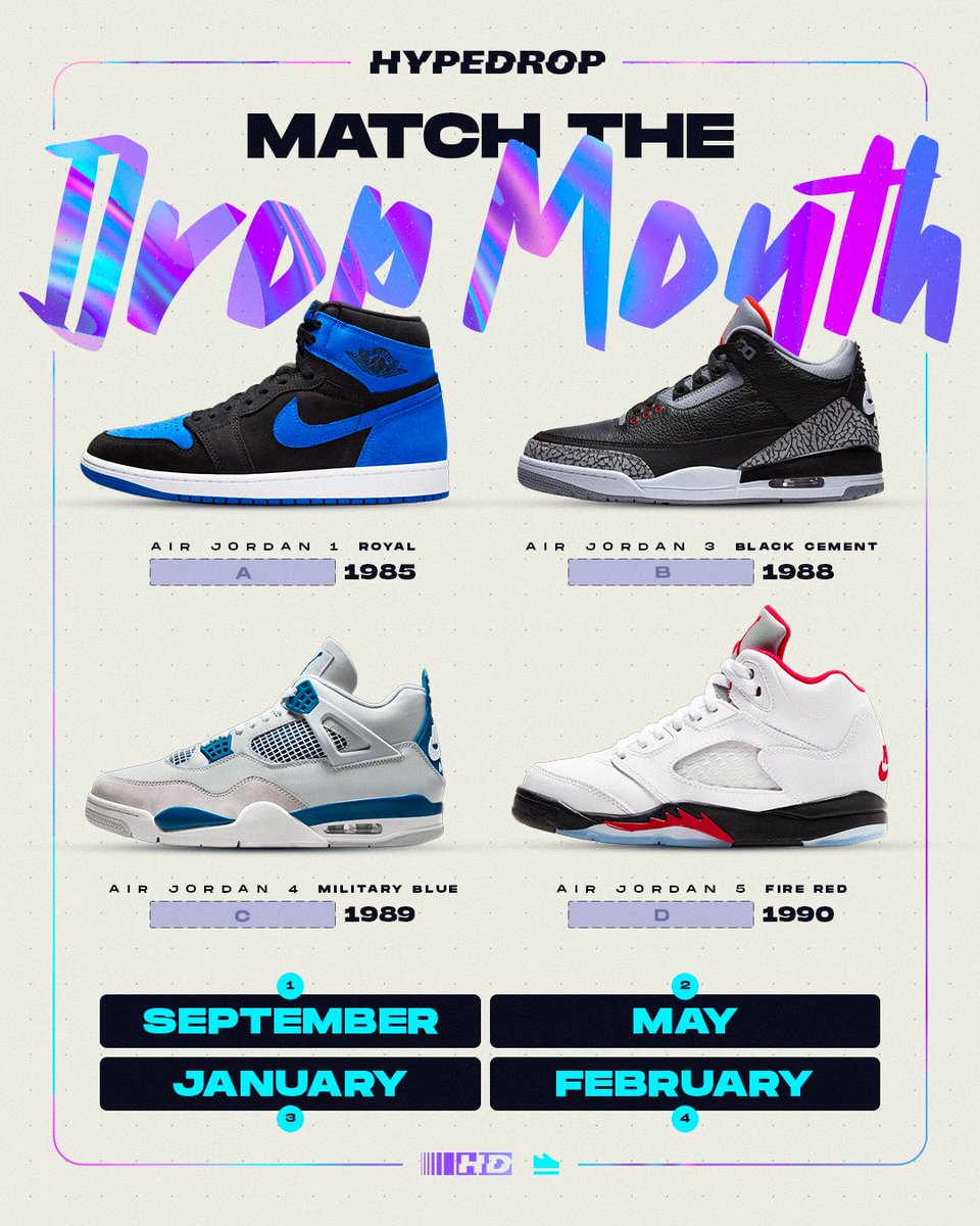 Match the month the Jordan was released to the correct shoe!

🔁 + Comment your answer for a prize!