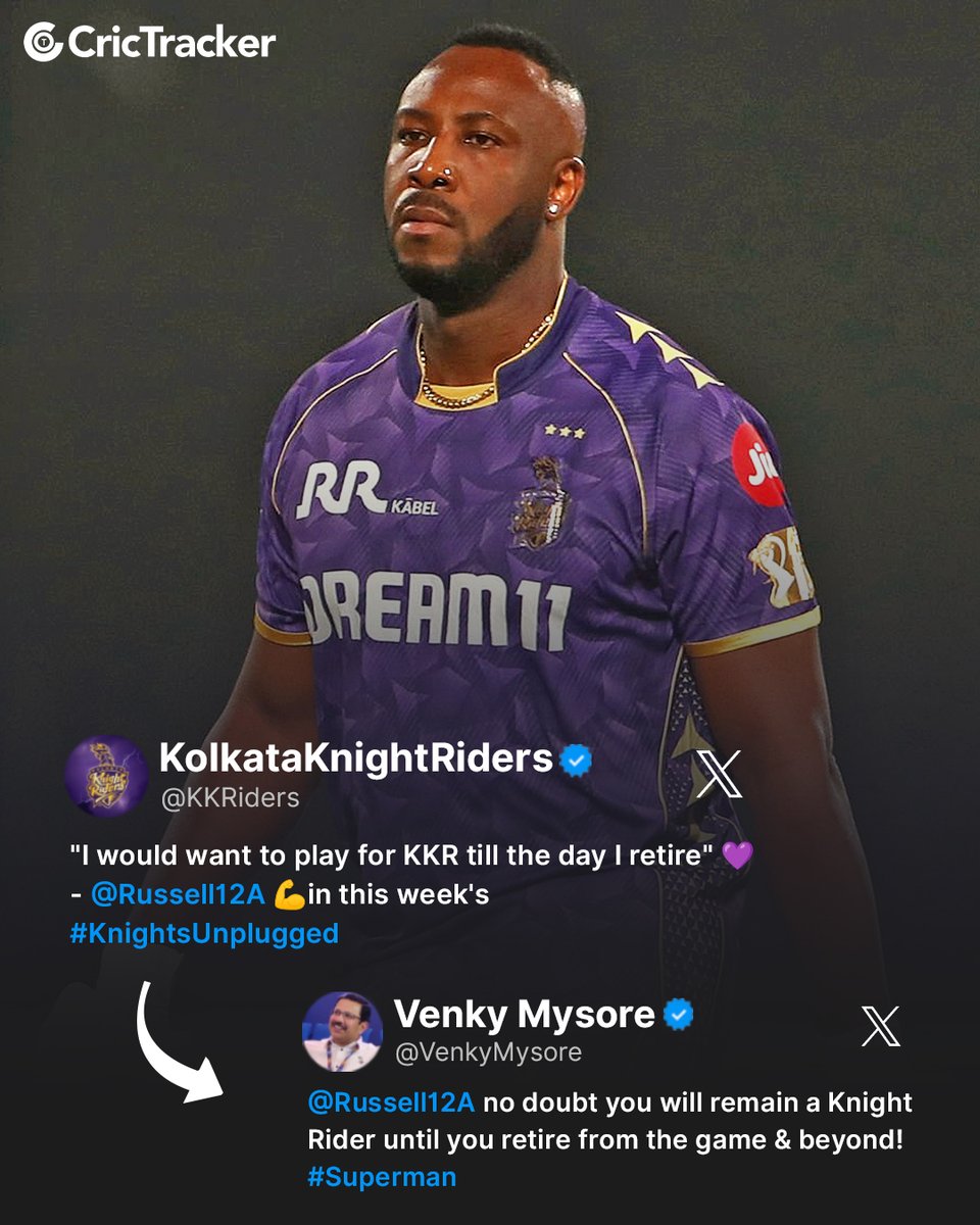 Cricketracker's tweet image. A throwback to KKR’s 2020 post on X and MD Venky Mysore’s reply, where he said Andre Russell would be a Knight forever. 

KKR have now released him ahead of the IPL 2026 auction. 

#KKR #Cricket #AndreRussell #VenkyMysore