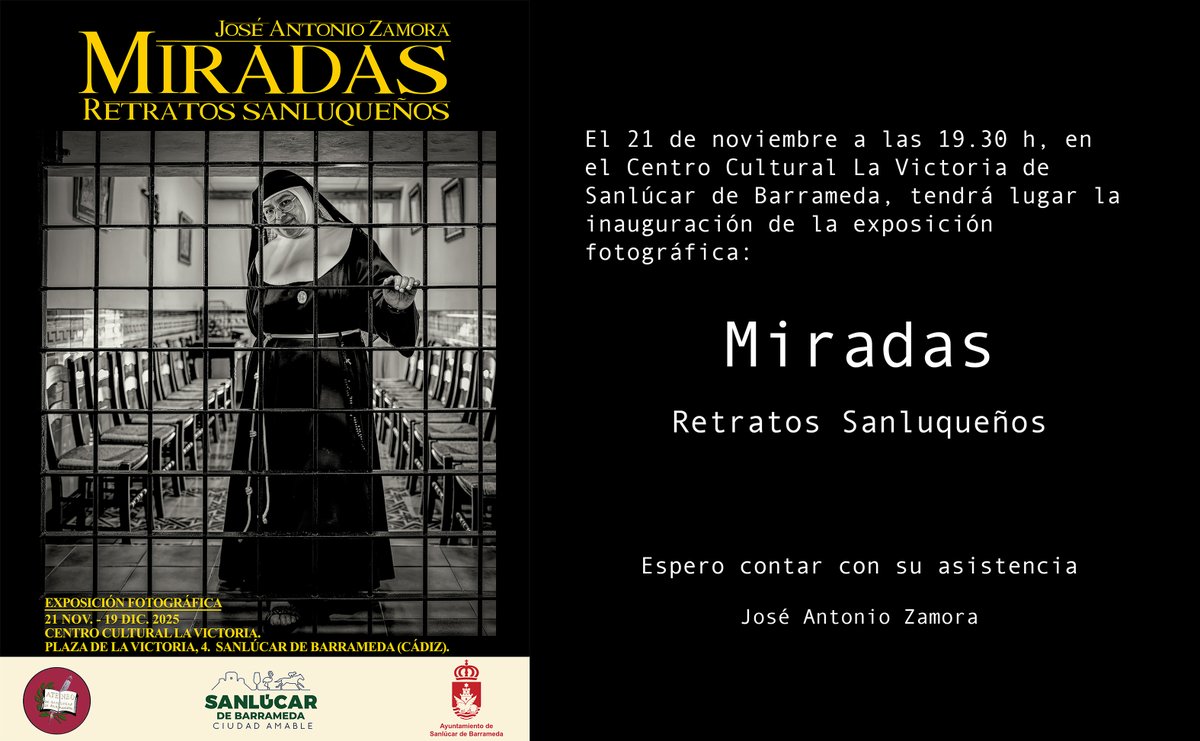 j_a_zamora_foto's tweet photo. Invitad@s estáis.
El próximo viernes 21 de noviembre a las 19.30 horas en el Centro Cultural la Victoria.
Agradecido al Ateneo y Ayuntamiento de Sanlúcar de Barrameda. https://t.co/hxTZd21dWE