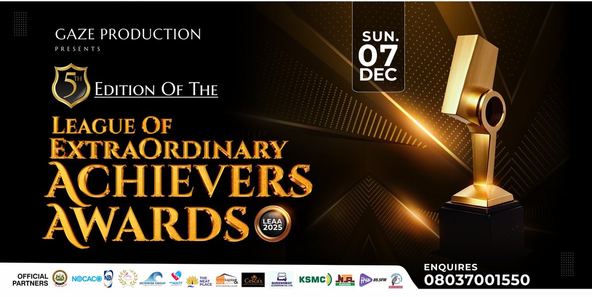 kadanewsng's tweet photo. IT'S EXACTLY 3WEEKS TO GO FOR A MEMORABLE EVENT 

THE LEAGUE OF EXTRAORDINARY ACHIEVERS AWARDS (LEAA 2025)

The award ceremony which has stand out over the years is here again to raise the bar higher this year.

Powered by Gaze Production, this event promises to be one of a kind. https://t.co/gdzgKrjHvK