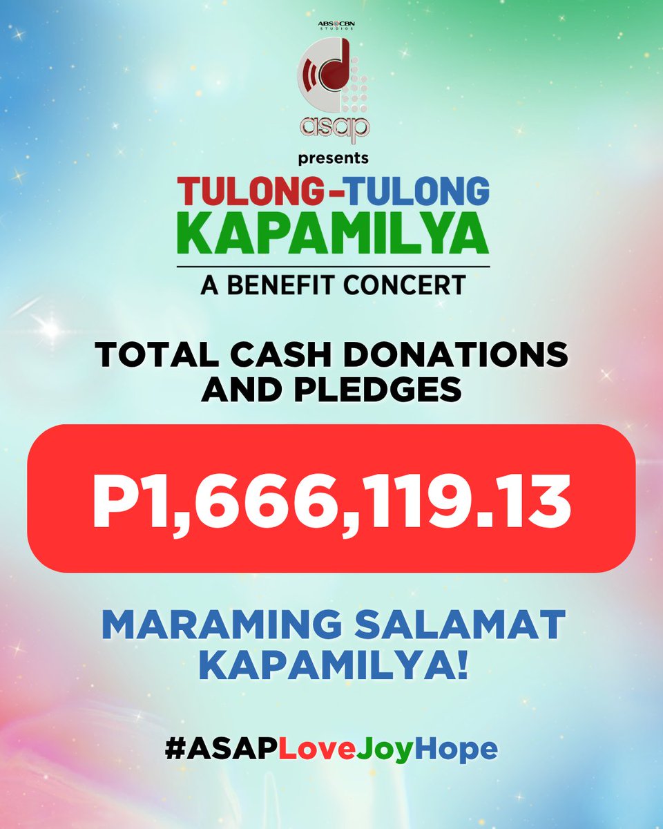 ASAPOfficial's tweet photo. Hindi matatawaran ang ating pagtutulungan. Ang total donation na nalikom ay patunay na mas malakas tayo kapag nagkakaisa.

Maraming salamat, Kapamilya! ♥️💚💙

#ASAPLoveJoyHope #TulongTulongKapamilya #ASAP30 https://t.co/Mn4diVc5dk