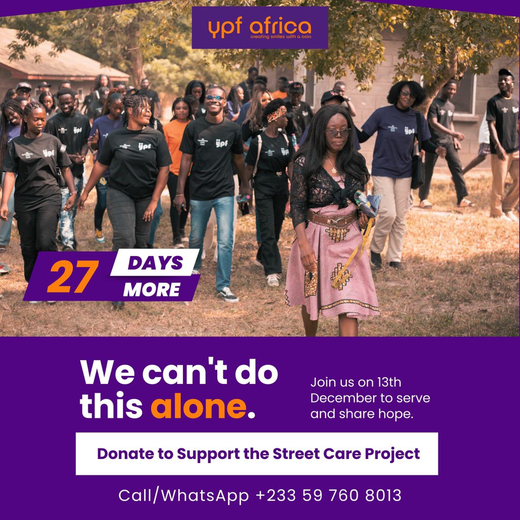 ypf_africa's tweet image. Join the YPF Africa Family on 13th of December 2025 at Kwame Nkrumah Circle.

 Serve, smile, and share love with those who need it most.

 27 Days — Join the Movement of Compassion.

 #StreetCareProject #ServeWithLove #YouthForChange #VolunteerGhana #YPFAfrica