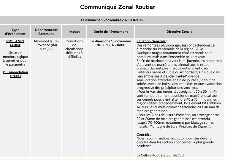 cezocsud's tweet image. Communiqué CRZ Sud -  Alerte météo à surveiller pluie inondation et orages le dimanche 16 novembre départements 04 et 83.