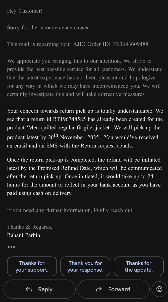 RathiArpeet's tweet photo. Really disappointed with @AJIOLife. Order FN3643609488 was for a beige half jacket, but I got something entirely different. Need this fixed immediately.

First return was scheduled on 5th Nov, and for 4 times since then, but never picked up, can you please look into this! https://t.co/U1Q7JueHEl
