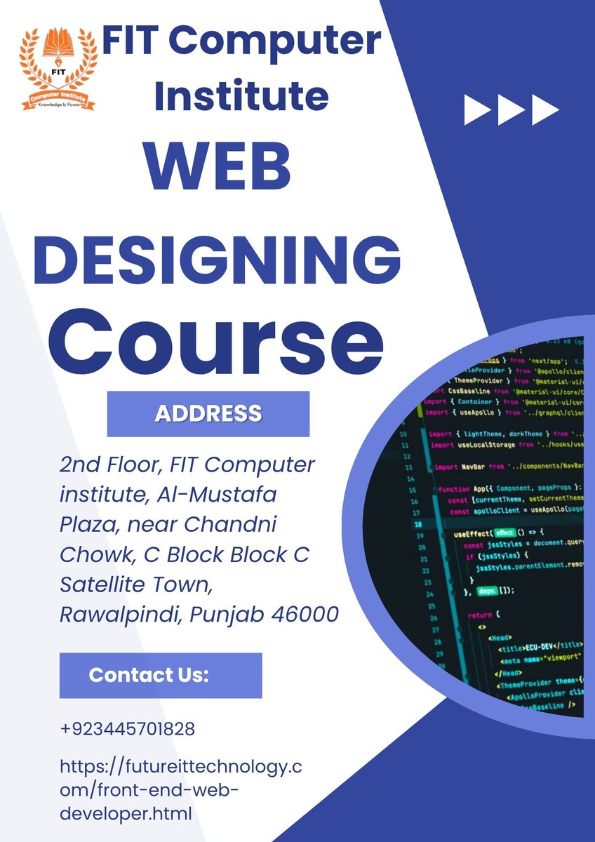 FitComputer's tweet photo. Web Designing Course In Rawalpindi And Islamabad
https://t.co/PpWWZdvhLV
https://t.co/VR8j35EaNy
Address: 2nd Floor, FIT Computer institute, Al-Mustafa Plaza, near Chandni Chowk, C Block Block C Satellite Town, Rawalpindi, Punjab 46000
Phone: 0344 5701828
#WebDevelopmentinstitute https://t.co/wgv7hGAM31