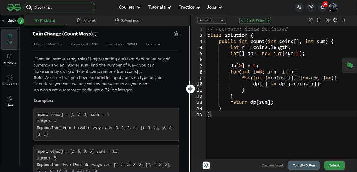 amanhaidry's tweet image. 🗓️Day-116/365 | #365DaysOfCode 💻| @geeksforgeeks

#DynamicProgramming in #DSA
✅Coin Change (Count Ways)
→ Recursion
→ Top-Down (Memoization)
→ Bottom-Up (Tabulation)
→ Space Optimization

🔗Course Link: geeksforgeeks.org/nation-skill-u…
#skillupwithgfg #nationskillup #geeksforgeeks