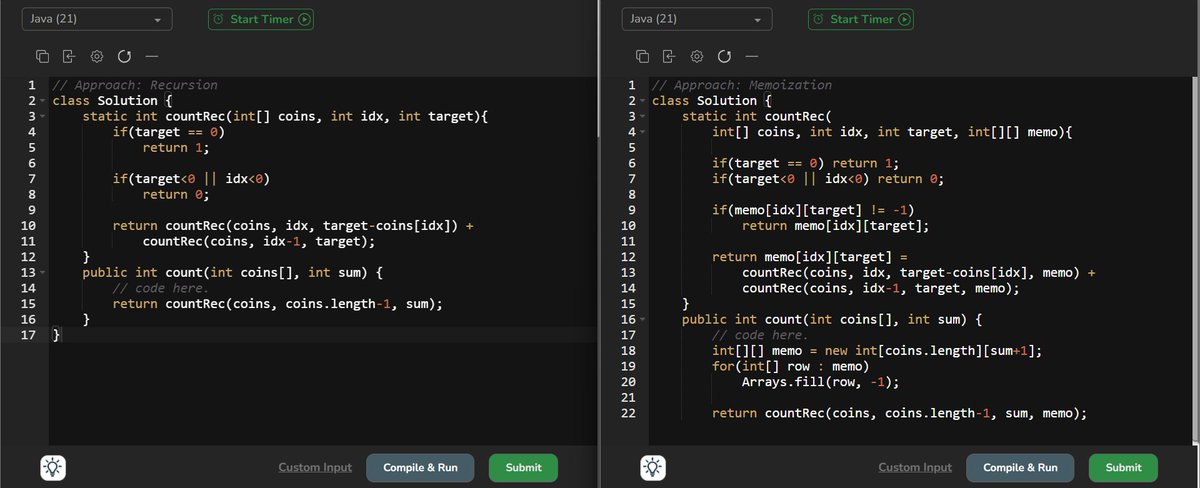 amanhaidry's tweet image. 🗓️Day-116/365 | #365DaysOfCode 💻| @geeksforgeeks

#DynamicProgramming in #DSA
✅Coin Change (Count Ways)
→ Recursion
→ Top-Down (Memoization)
→ Bottom-Up (Tabulation)
→ Space Optimization

🔗Course Link: geeksforgeeks.org/nation-skill-u…
#skillupwithgfg #nationskillup #geeksforgeeks
