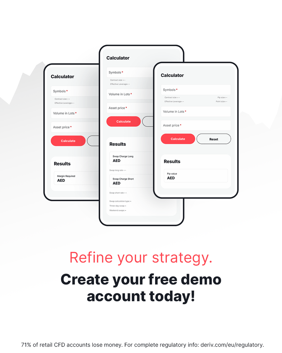 Deriv_EU's tweet image. Experienced traders: Refine your strategy!

Deriv’s free calculator offers advanced insights on margin, pip value &amp;amp; swaps.

Trade smarter. Create your free demo account today! 👉🏻 deriv.link/4nY3rVQ

#Deriv #TradingCalculator #AdvancedTrading 

Deriv Investments (Europe)…