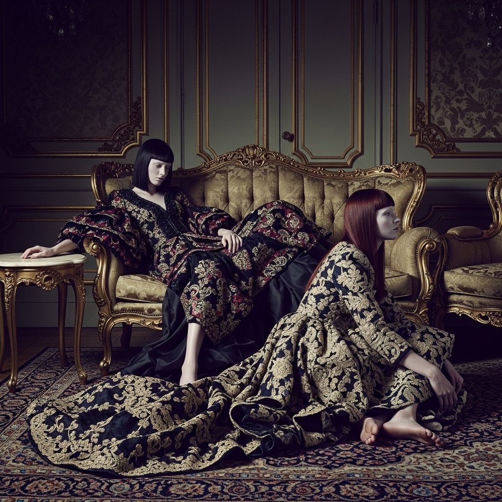 syntaxaegis's tweet image. She reclines like a carved allegory; the other waits for the century to end or the tea to arrive—whichever comes first.

#hautecouture #surrealism #art #couture #fashionphotography