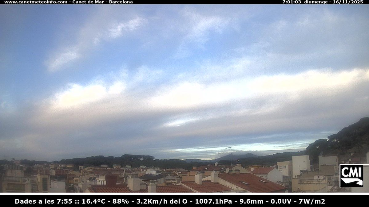 #CMI Canet de Mar
🕒 Hora: 8:00
🌡️ Temp: 16.3ºC
💧 Humitat: 88%
🌬️ Vent: 3.2 Km/h del O
📉 Pressió: 1007.1 hPa
🌧️ Precip: 9.6 mm
🔆 UVI: 0.0
☀️ Radiació: 14 V/m2
 📡 ClimaMeteoInfo
