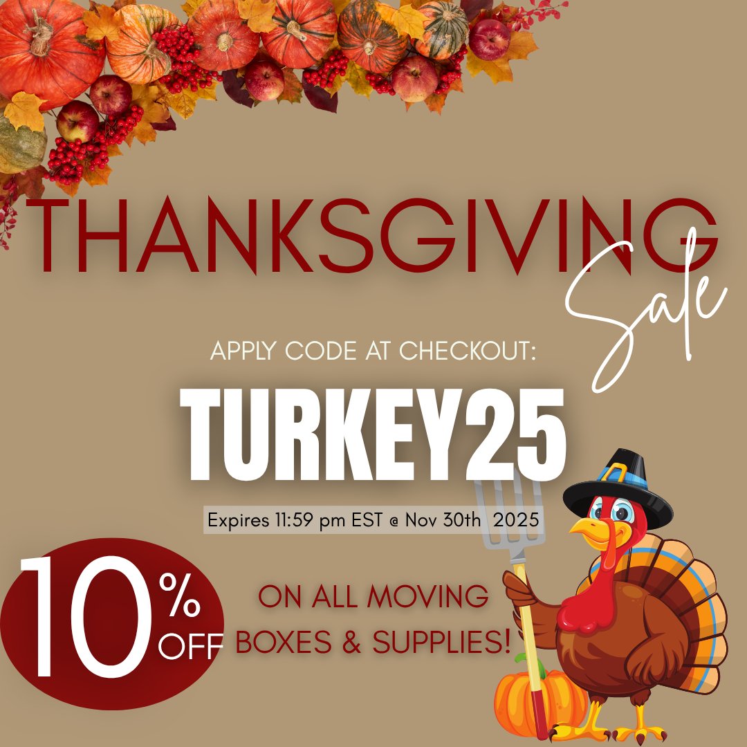 Thanksgiving savings are here!
Get 10% OFF ALL Moving Boxes &amp; Packing Supplies at UBoxes with code TURKEY25.
Perfect time to stock up for moving, shipping &amp; holiday prep! 📦🍁
#UBoxes #ThanksgivingSale #HolidayDeals #MovingSupplies #PackingSupplies #CorrugatedBoxes