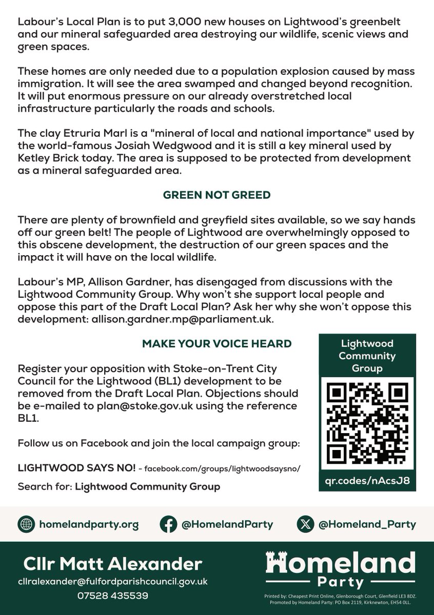 Homeland_Party's tweet image. Our Staffordshire branch undertook a leafleting campaign to spread a simple message: “REJECT LABOUR’S PLAN TO BUILD ON LIGHTWOOD’S GREEN BELT!”