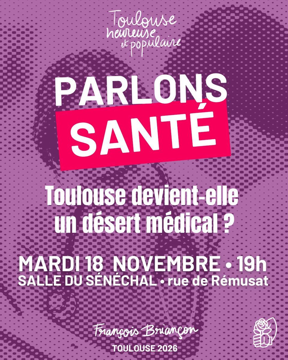 🩺 La santé, l’accès aux soins : une priorité pour les #Toulousaines et les #Toulousains.
Pour en parler, pour vous écouter et pour vous présenter nos propositions.
📅 je vous donne rendez-vous mardi 18 novembre à 19h,
📍 salle du Sénéchal, rue de Rémusat, #Toulouse