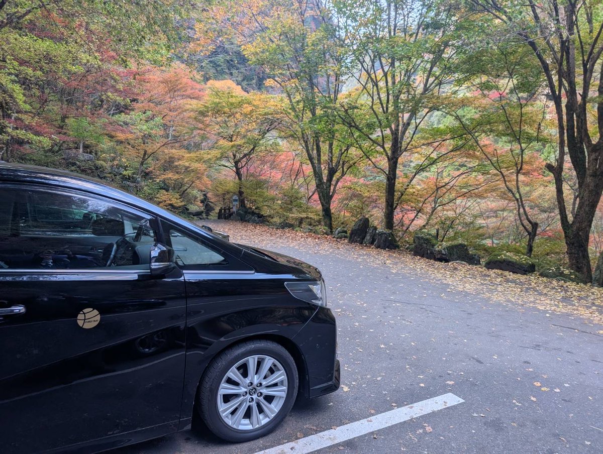 tsuyoshi0015's tweet photo. 安居渓谷の水晶淵入口の駐車場です。紅葉がとてもきれいです。写真は、先ほど乗務員から送ってきたものです。 https://t.co/u3KhzBfrEP