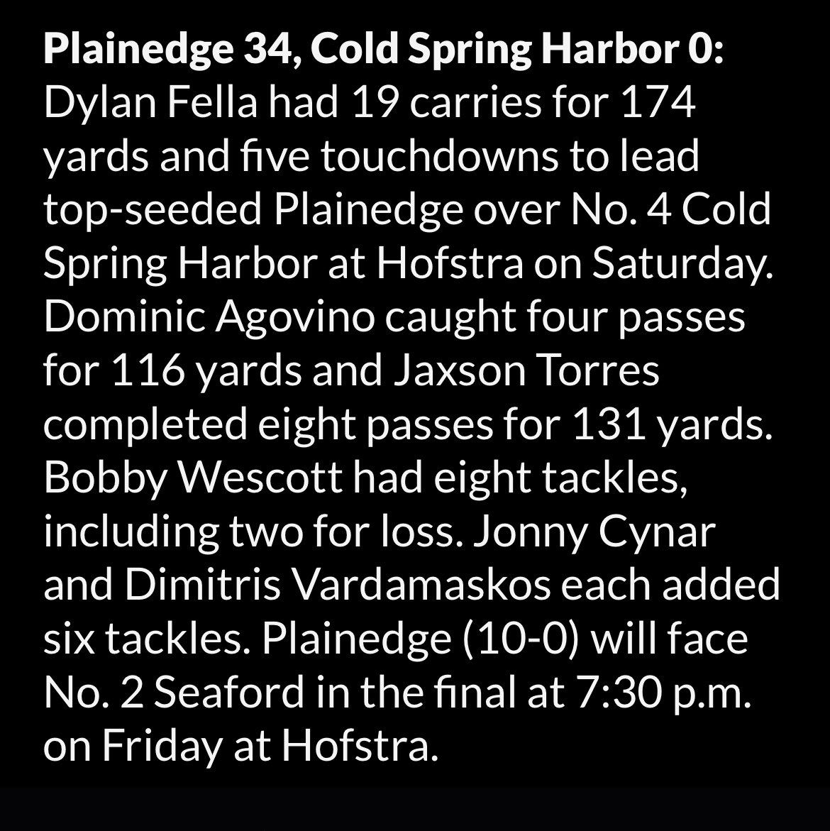 Jaxson2torres's tweet photo. 1️⃣0️⃣–0️⃣
8 completions for 131 yards
My man 👉 FELLA. FIVE. TIMES. 🔥🔥🔥🔥🔥
34–0 W + defense with 3 straight shutouts 🔒
Nassau County Championship next.
🔴⚫️
#PlainedgeFootball #RedDevils #QB1 #RoadToHofstra #PlayoffFootball #LockedIn #CountyFinalBound #WeArePlainedge https://t.co/2vomvmvFnS