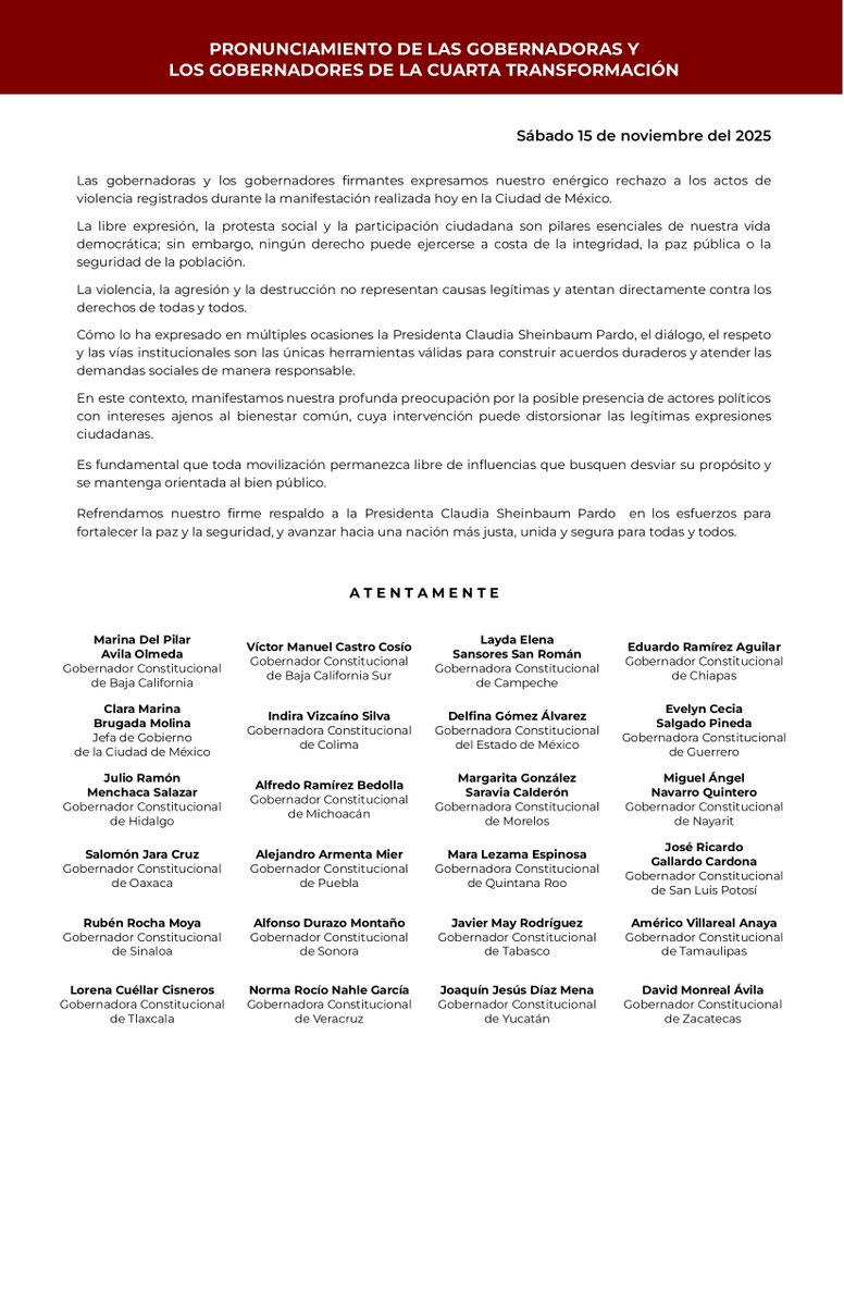 LaydaSansores's tweet image. Expresamos nuestro enérgico rechazo a los actos de violencia registrados durante la manifestación realizada hoy en la Ciudad de México.

La libre expresión, la protesta social y la participación ciudadana son pilares esenciales de nuestra vida democrática; sin embargo, ningún…