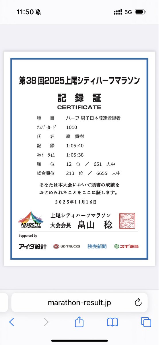 Tmorigo10's tweet photo. 11/16 上尾シティハーフマラソン 65:40

久々の65分台。5km、10kmは想定よりかなり早かったものの学生の力を借りながら中盤以降もリズム良く走ることができた。
レガシー→NYC→上尾ときて走りの感覚はだいぶ良いので、福岡では終盤まで余裕を持った走りで良い結果を出したい。 https://t.co/BGdFDFbB8P
