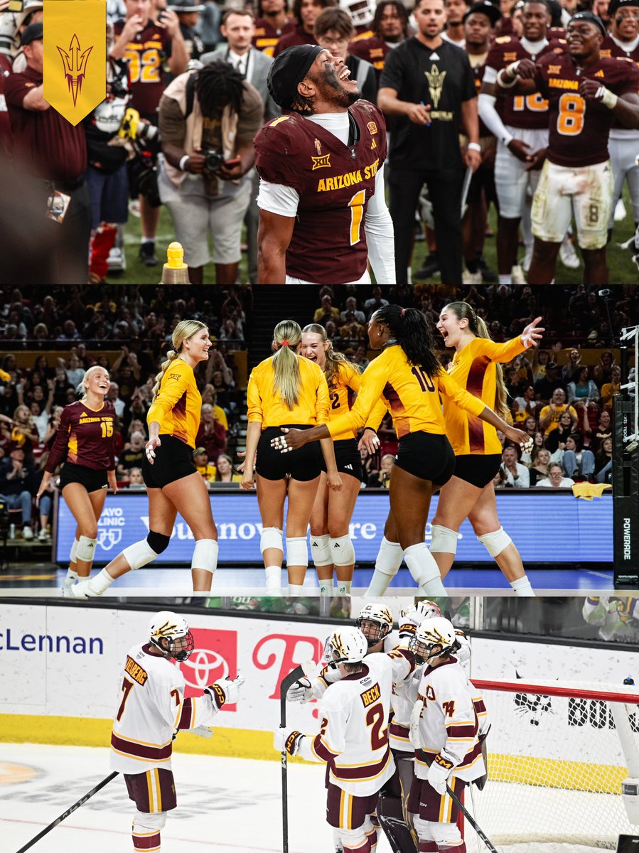 TheSunDevils's tweet photo. What a day for the Sun Devils 😈

🔱 @ASUFootball Win
🔱 @SunDevilVB Win
🔱 @SunDevilHockey Win https://t.co/TkOoFGs5U0