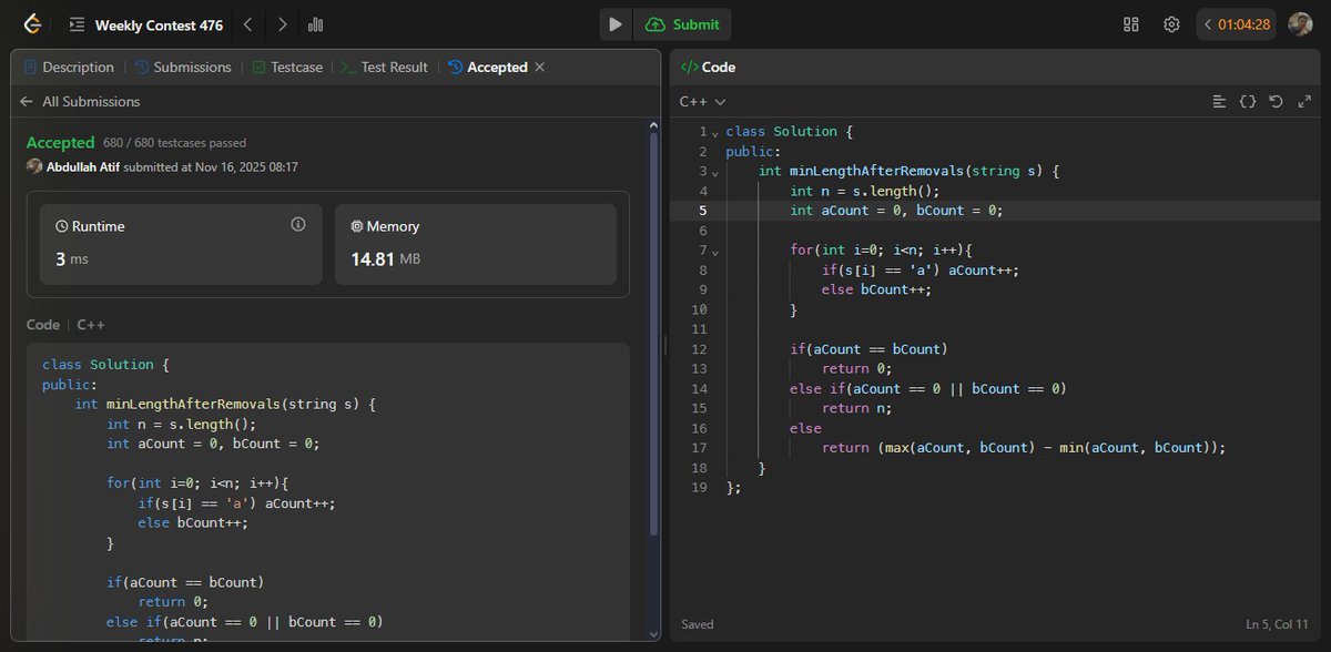 abdullahatif07's tweet image. Leetcode Weekly Contest 476:

Solved 2/4 problems — one Easy + one Medium 😤🔥

Scored 7/18 and both solutions got 0ms/3ms runtime 💨

Slowly leveling up. Mediums are getting cleaner, confidence getting higher.

Next target → 3/4 solves 🚀

#LeetCode #WeeklyContest #Coding