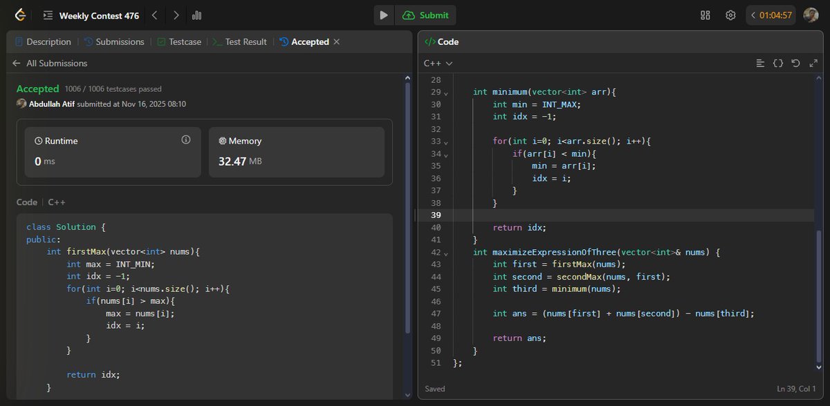 abdullahatif07's tweet image. Leetcode Weekly Contest 476:

Solved 2/4 problems — one Easy + one Medium 😤🔥

Scored 7/18 and both solutions got 0ms/3ms runtime 💨

Slowly leveling up. Mediums are getting cleaner, confidence getting higher.

Next target → 3/4 solves 🚀

#LeetCode #WeeklyContest #Coding