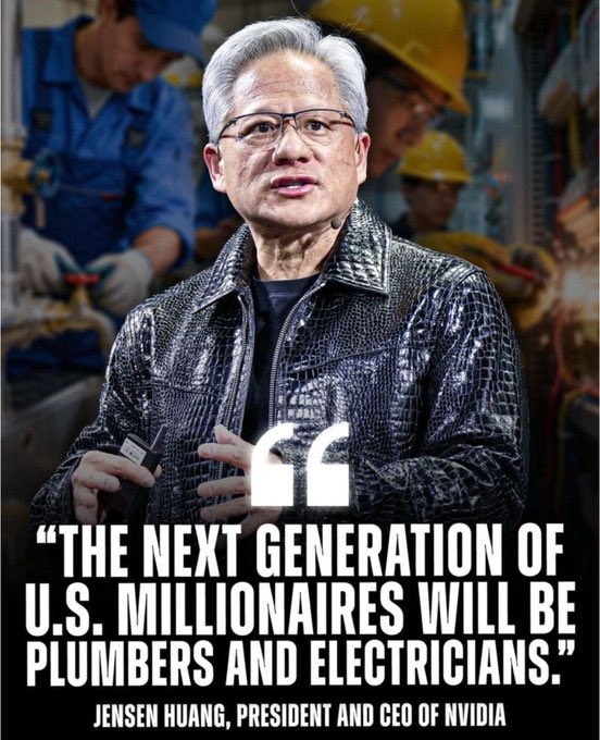 <a href="/keira_con/">Keira Connolly</a> <a href="/VishnuFNO/">Vishnu 📉📈</a> Tell your kids what  Nvidia CEO Jensen says

The next generation of US millionaires will be plumbers and electricians 

Data centres will need Plumbers and Electricians to keep them running