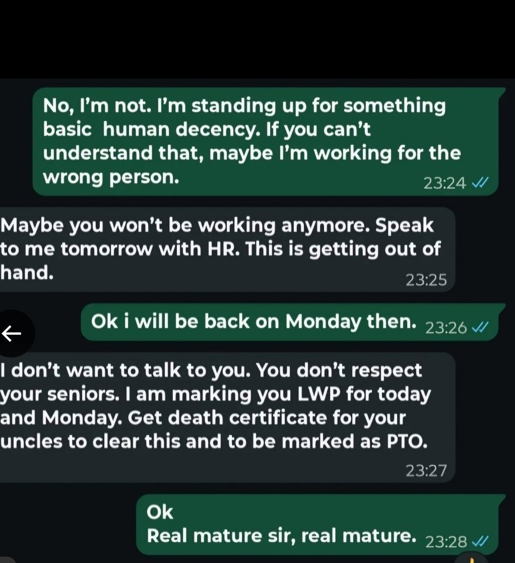 PRowdyIndian's tweet photo. Employee shows more professionalism in grief than the manager does on a normal day.
This abuse isn’t ‘policy’ — it’s cowardice.
The organisation must come out and answer for this. https://t.co/wl0LvoybQu