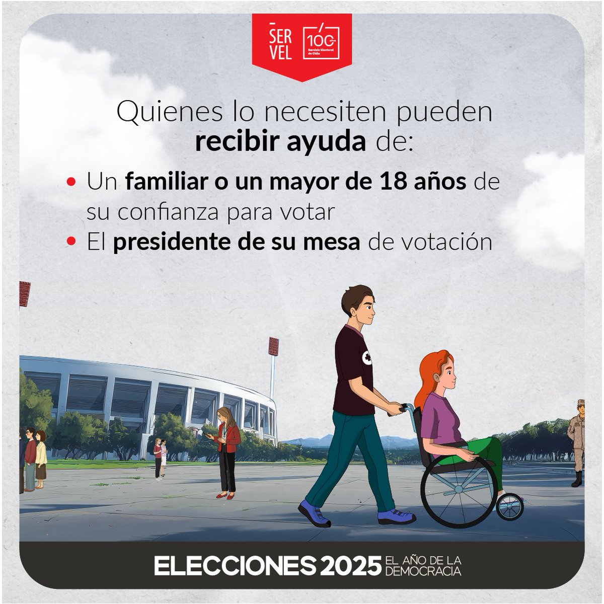 Si tienes familiares con discapacidad o cualquier dificultad para votar solos, igual pueden votar.

Pueden pedir voto asistido y entrar a la cámara con alguien de su confianza o con el presidente de mesa. 

Que ninguna barrera les quite el derecho a decidir. 💜