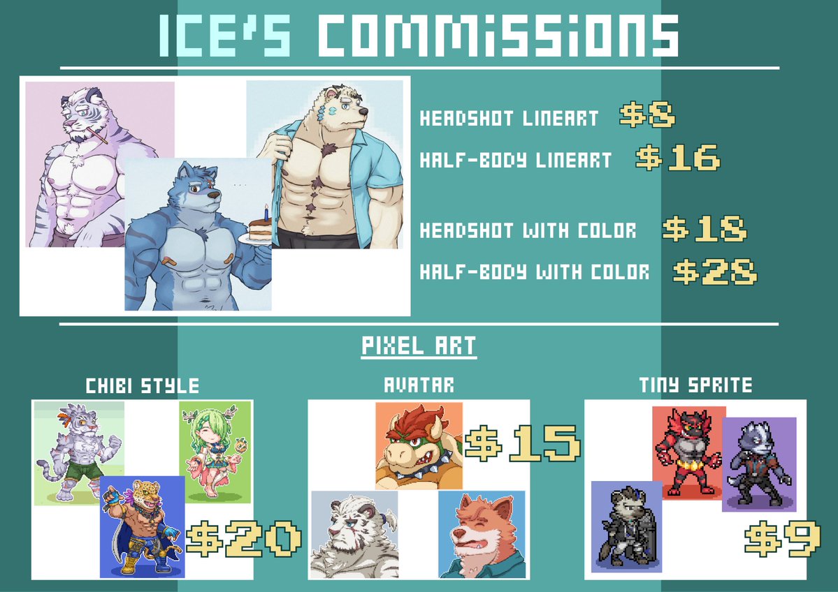 icekloak's tweet image. So... I'm opening c0mmissions after a while.

I don't have slots or anything, but I plan to close it in December (or early, it depends), so it'll be limited.

The payment method is Paypal, the prices are in dollar.

Send me a dm here or in discord (icekloak) if you're interested!