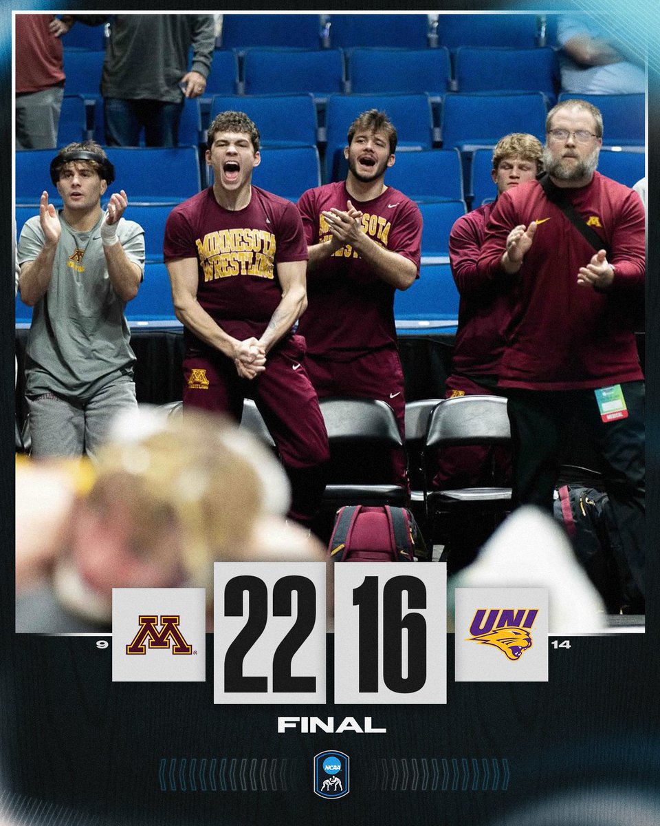 NCAAWrestling's tweet image. Keep on goin&apos;, Gophers! 💨

No. 9 @GopherWrestling defeats No. 14 UNI, 22-16, to adance to the next consolation round of the National Duals. 

#NCAAWrestling