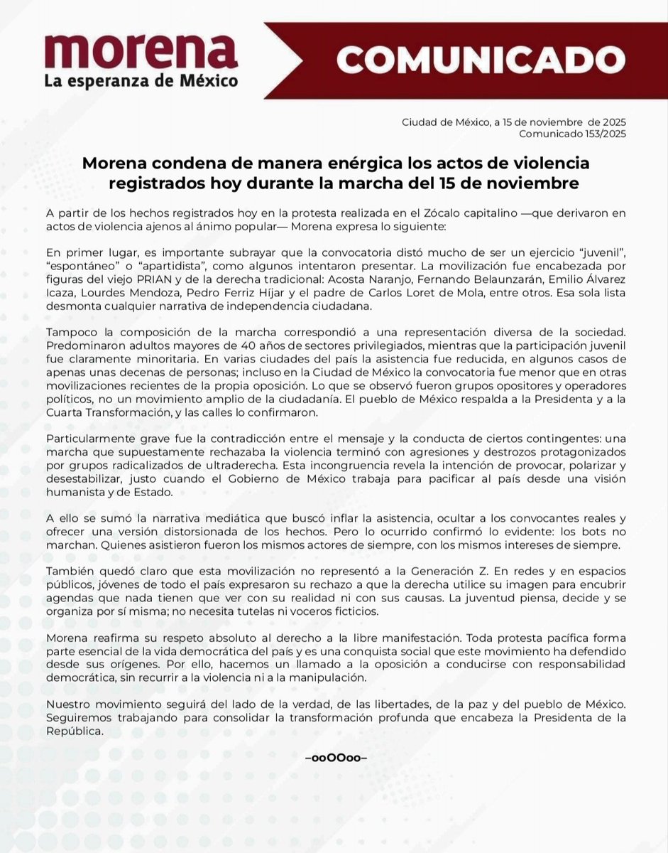 PartidoMorenaMx's tweet image. 📰 Compartimos comunicado de prensa:

Morena condena de manera enérgica los actos de violencia registrados hoy durante la marcha del 15 de noviembre

A partir de los hechos registrados hoy en la protesta realizada en el Zócalo capitalino —que derivaron en actos de violencia…