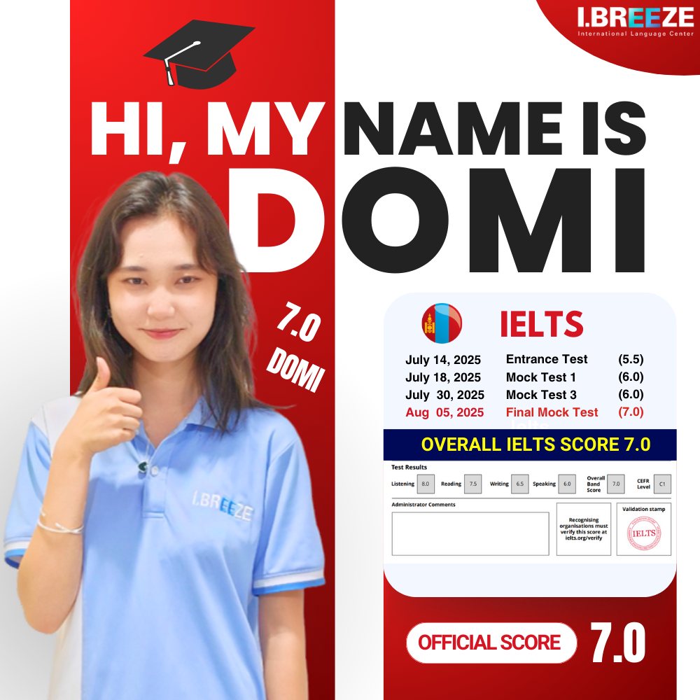 Domi манай IELTS кэмпийн амжилттай төгсөгчдийн нэг. Энэ өвлийн IELTS кэмп 12 сарын 21-нд Сэбү хотруу явна. Амжиж бүртгүүлээрэй. 

Утас/Viber: 9119-9838