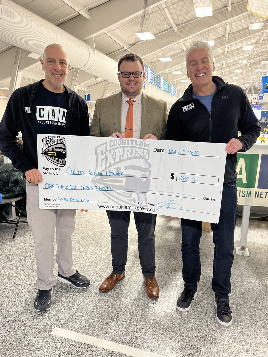 As we celebrate our 4th Annual Autism Acceptance Game we are honoured to present a check for $1,300 to Canucks Autism Network from our Rookie Camp Bottle drive the guys did in August.