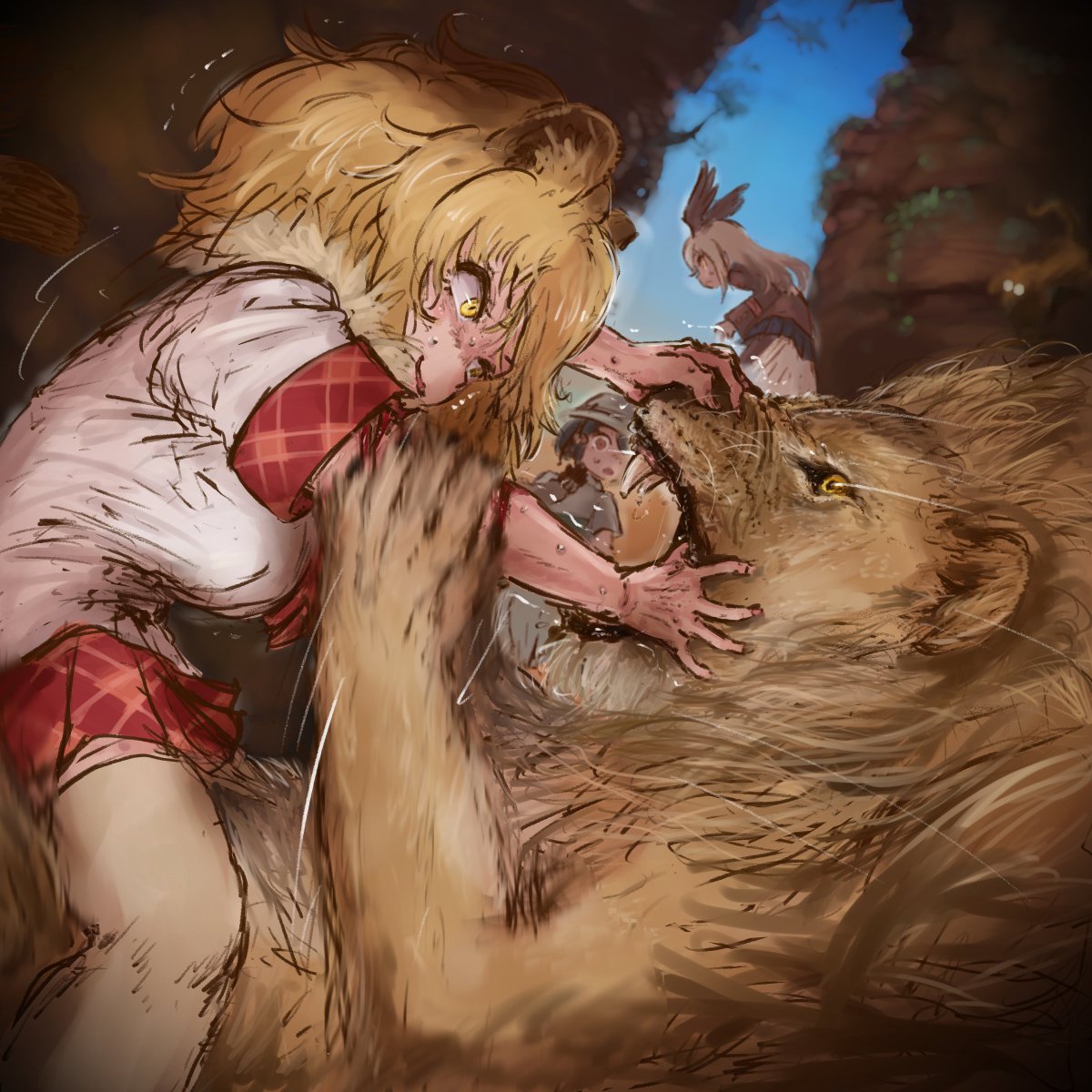 サンドスターの魔法はけものをフレンズに変えたし、彼女たちは人の価値観を習得しつつも同時に同属のけものとある程度の対話も出来るのかも知れないけど
それは相手の心を操り無条件で友だちになれる力、とかでは無いので、縄張りを侵せば衝突もある…
という妄想絵 