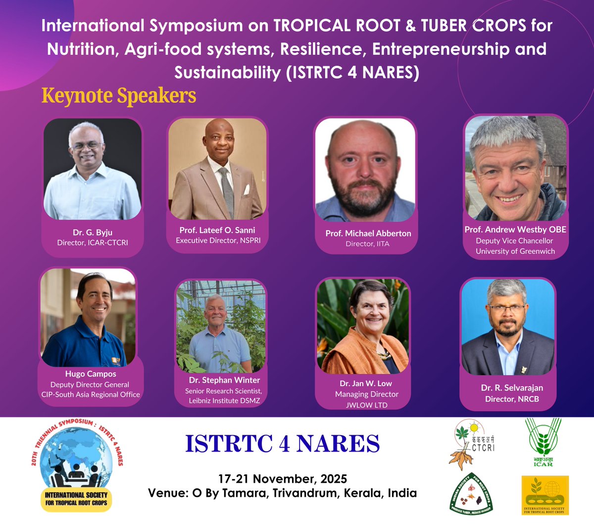 icarctcri's tweet image. 🌍✨ The wait is over! ISTRTC 4 NARES begins tomorrow!

🎤✨ Meet Our Keynote Speakers
 #Entrepreneurship #ValueAddition #ResearchToImpact #GlobalPartnerships #AgricultureForFuture