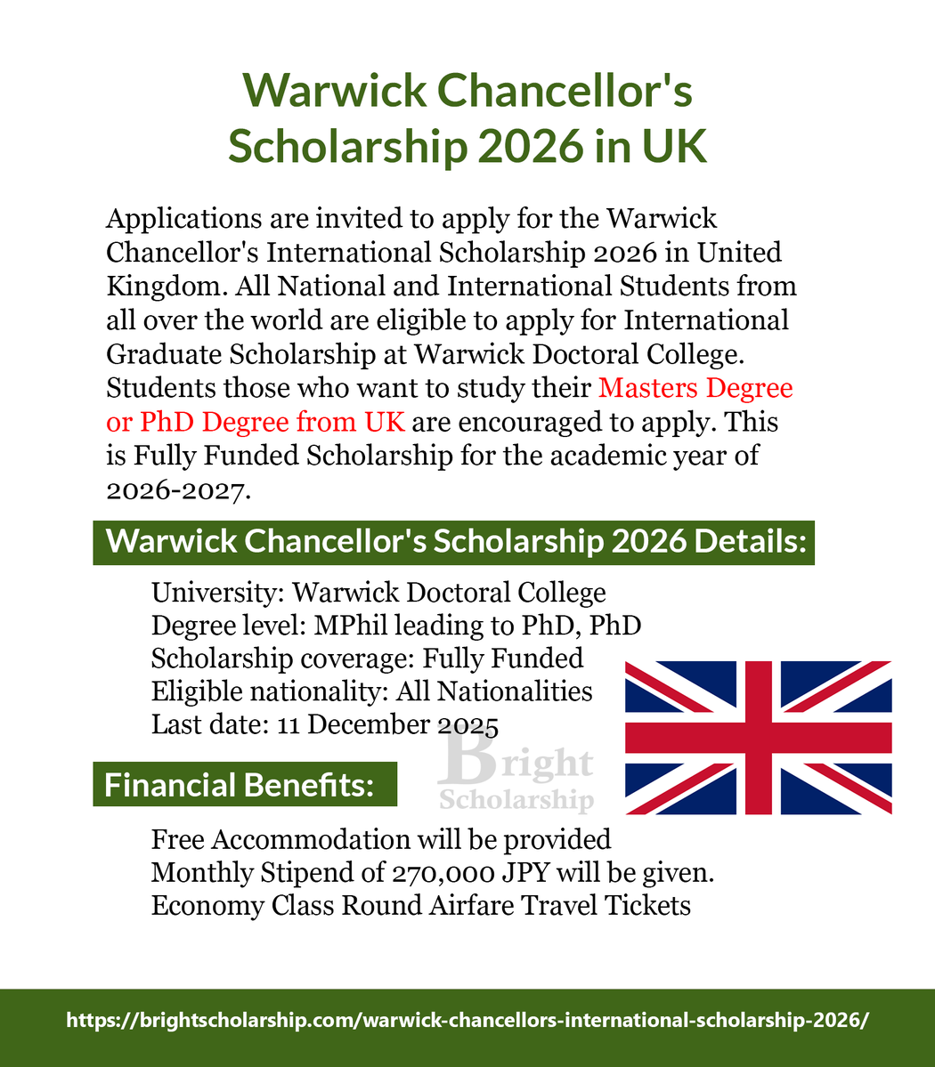 BrightSship's tweet image. Warwick Chancellor&apos;s International Scholarship 2026 in UK (Fully Funded)

Degree level: MPhil leading to PhD, PhD
Last date: 11 December 2025

Apply Link: brightscholarship.com/warwick-chance…

#BrightScholarship #FullyFunded #Scholarship #UK #Students #studyabroad #study #studyinUK
