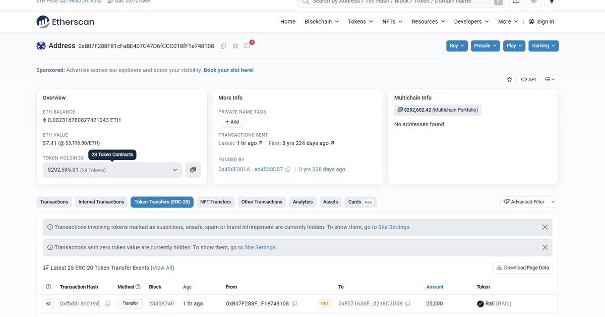 This early whale just claimed 100K $RAIL worth $400K and immediately dumped 25K worth $100K, everyday we see early adopters and investors claiming their tokens and insta dump on pump. weeks ago it was 78% stacking and now its 74.84%.