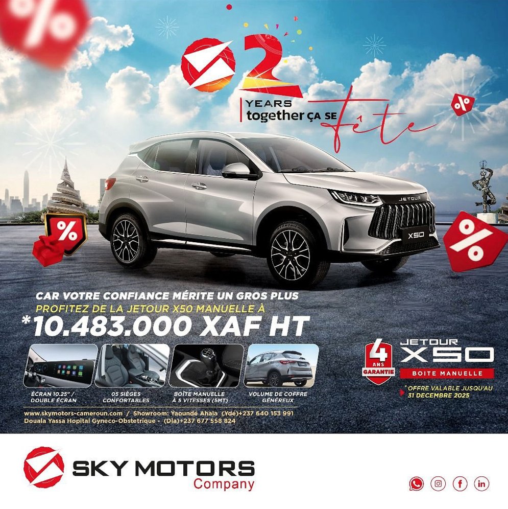 #consommateurs237

SKY MOTORS celebrates its 2 years with you!
Two years of adventure, passion and shared confidence🥰

𝐒𝐊𝐘 𝐌𝐎𝐓𝐎𝐑𝐒 𝐜é𝐥è𝐛𝐫𝐞 𝐬𝐞𝐬 2 𝐚𝐧𝐬 𝐚𝐯𝐞𝐜 𝐯𝐨𝐮𝐬! 
Deux ans d’aventure, de passion et de confiance partagée🥰