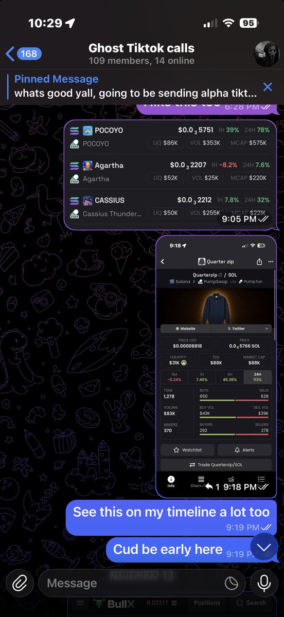 TradezGhost's tweet photo. Called $quarterzip at 80k in my tg. And we still early https://t.co/BI4DfykRTS