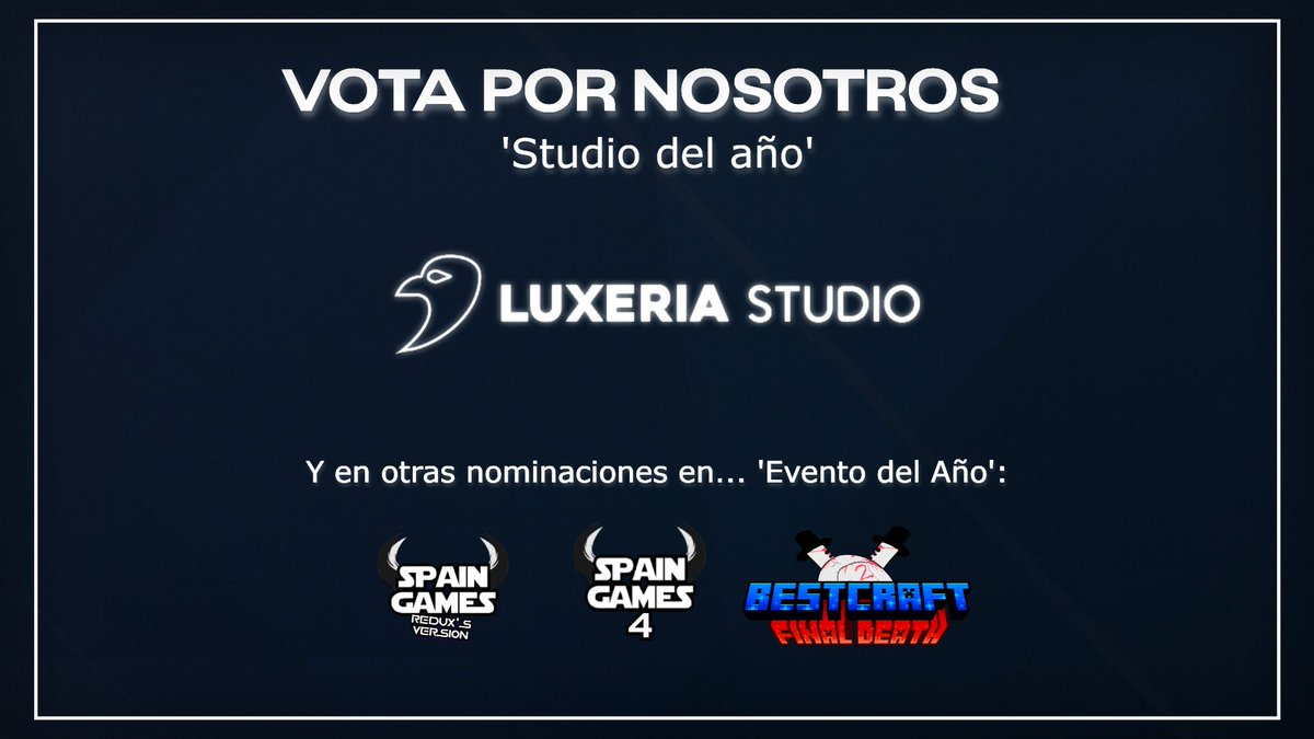 Este año 2025 tuvimos cosas increíbles y les debemos unas gracias a todos los que apoyan lo que hacemos. ❤️

Hemos sido nominados como "Studio del año" y 3 nominaciones directas a "Evento del año".
#TheSpainGames4 #BestCraftFinalDeath

Así que... ¡VOTA POR NOSOTROS! ✨