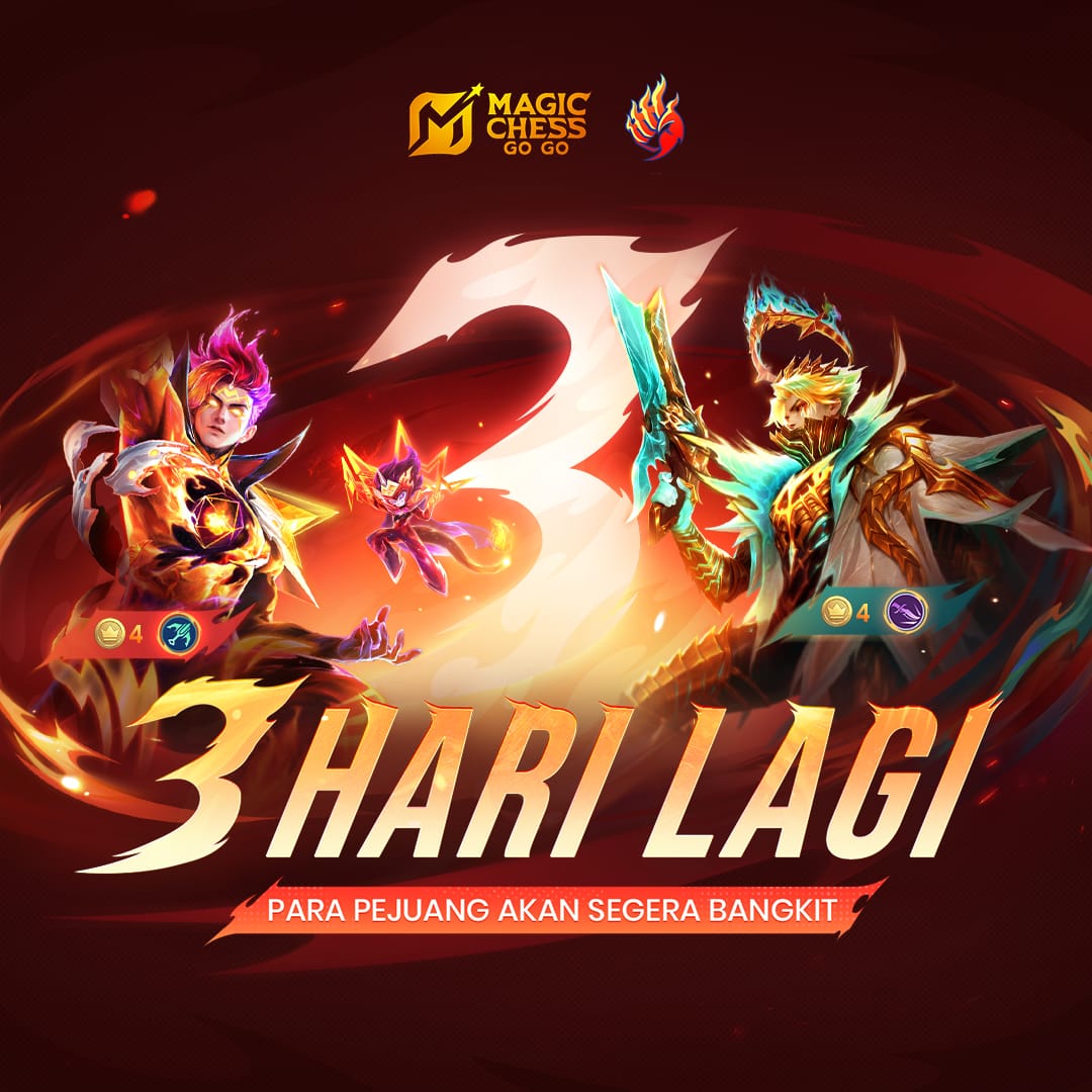 MCGG_ID's tweet image. Magic Chess: Go Go (MCGG) adalah game Auto Battle baru yang dikembangkan oleh tim MLBB.

3 Hari Lagi! Para Pejuang Akan Segera Bangkit.
Season 4 baru, Kebangkitan Pejuang, akan diluncurkan pada 19/11! Kolaborasi MCGG × KOF pertama akan hadir dengan megah.

#MagicChessGoGo
#MCGG