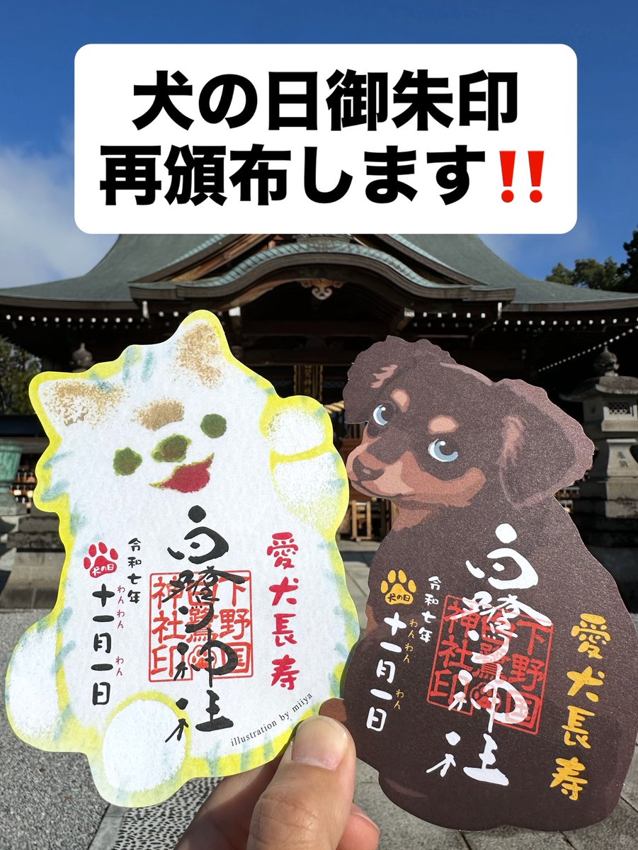 犬の日御朱印の再頒布のご案内🐾

皆様のお声から再頒布する事と致しました‼️

対応時間　
　午前の部　9:00〜11:45
　午後の部  13:00〜16:00
　※土日や祝日は昼も対応

対応方法　書置きのみ

初穂料　各500円

#白鷺神社
#犬の日
#愛犬長寿
#御朱印
#miiya
#とちぎ未来大使