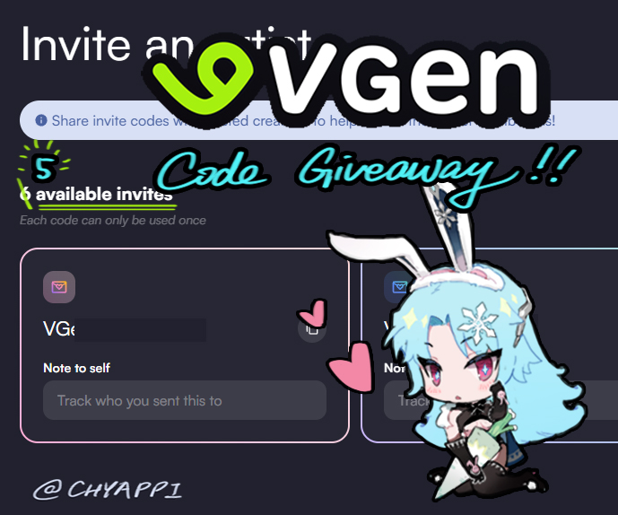 CHYAPPI's tweet image. 💚VGen Code Giveaway💚
5 available!

To participate:
🩵Like &amp;amp; RT this post
🩵Share 1-4 your best artworks in replies 
🩵No AI / tracing
🩵Follow is appreciated but not required

Open until Nov.25 and I will DM the winners! Good luck!

#vgencodeGiveAway #VGenCode