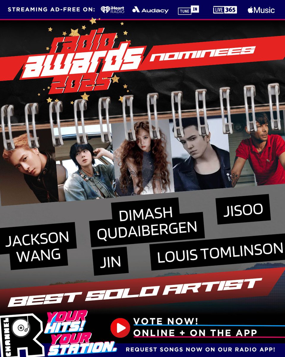 🌟 Announcing your nominees for Best Solo Artist at the #ChannelRRadioAwards2025:

🌐 Dimash Qudaibergen
🐉 Jackson Wang
🌙 Jin
🌸 Jisoo
🍋 Louis Tomlinson

Vote once daily on our website + 4× daily on the Radio App: channelrradio.com/awards