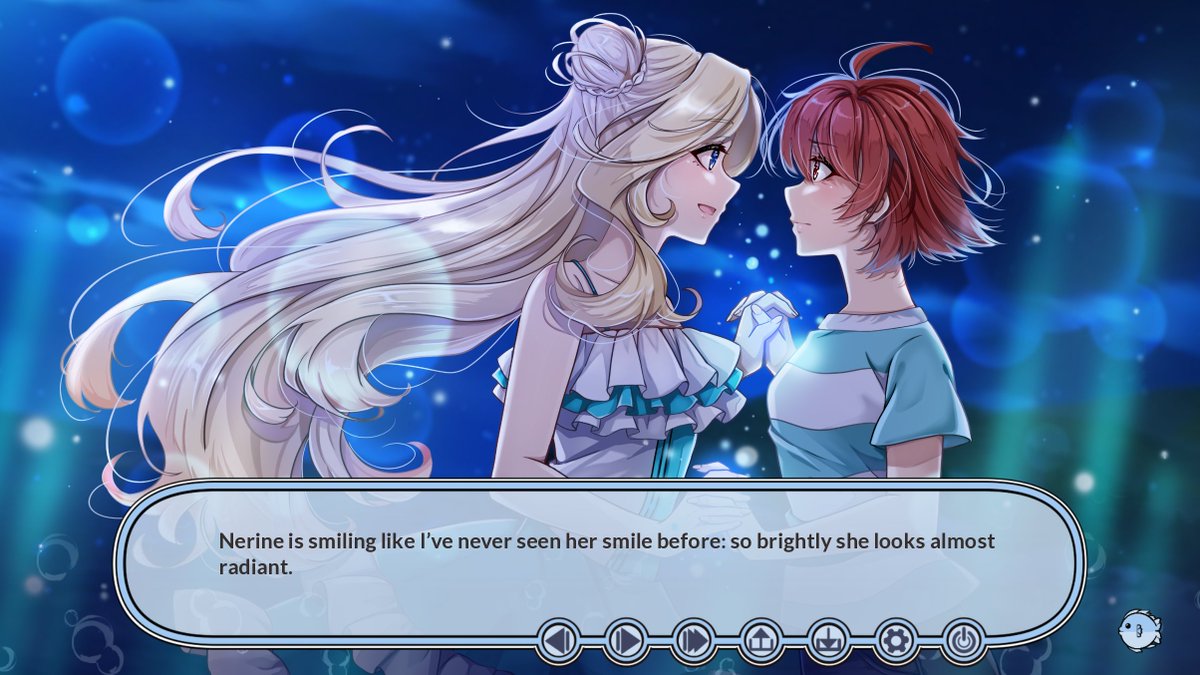 reasons to wishlist my upcoming yuri visual novel out of the ocean:

🫧 there are two love interests with unique romance endings
🫧 you can kiss a mermaid
🫧 there's a tall muscular beauty
🫧 the art is super cute
🫧 there's a poly ending 🙏✨