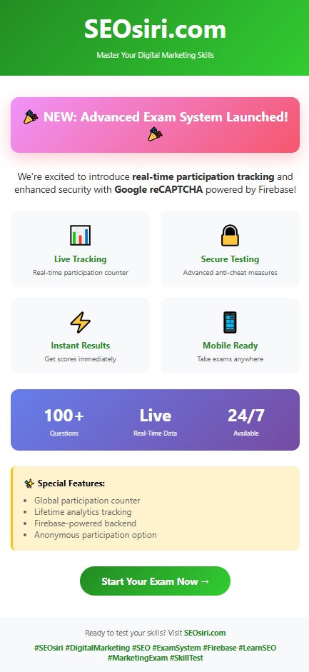 seofixup's tweet image. The wait is over! SEOSiri’s Advanced Exam System is now LIVE — free, global, secure, and built for real skill validation.
Prove your expertise. Join the global participation wave.
Start here → seosiri.com/2025/11/advanc…
#SEOSiri #ExamLaunch #SkillTest #DigitalSkills #MarketingExam