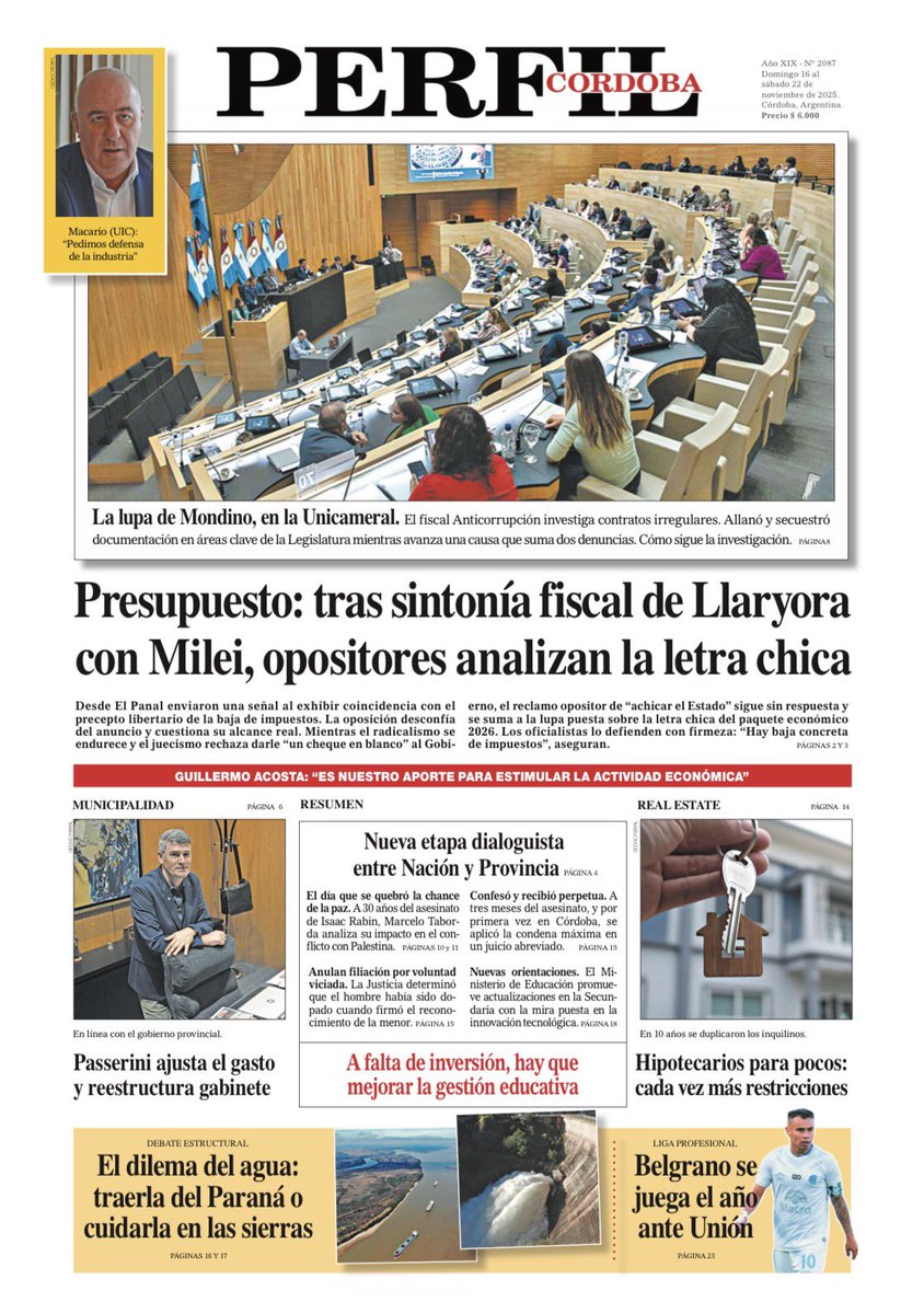 📰 La tapa del Diario PERFIL CÓRDOBA de este domingo 16 de noviembre