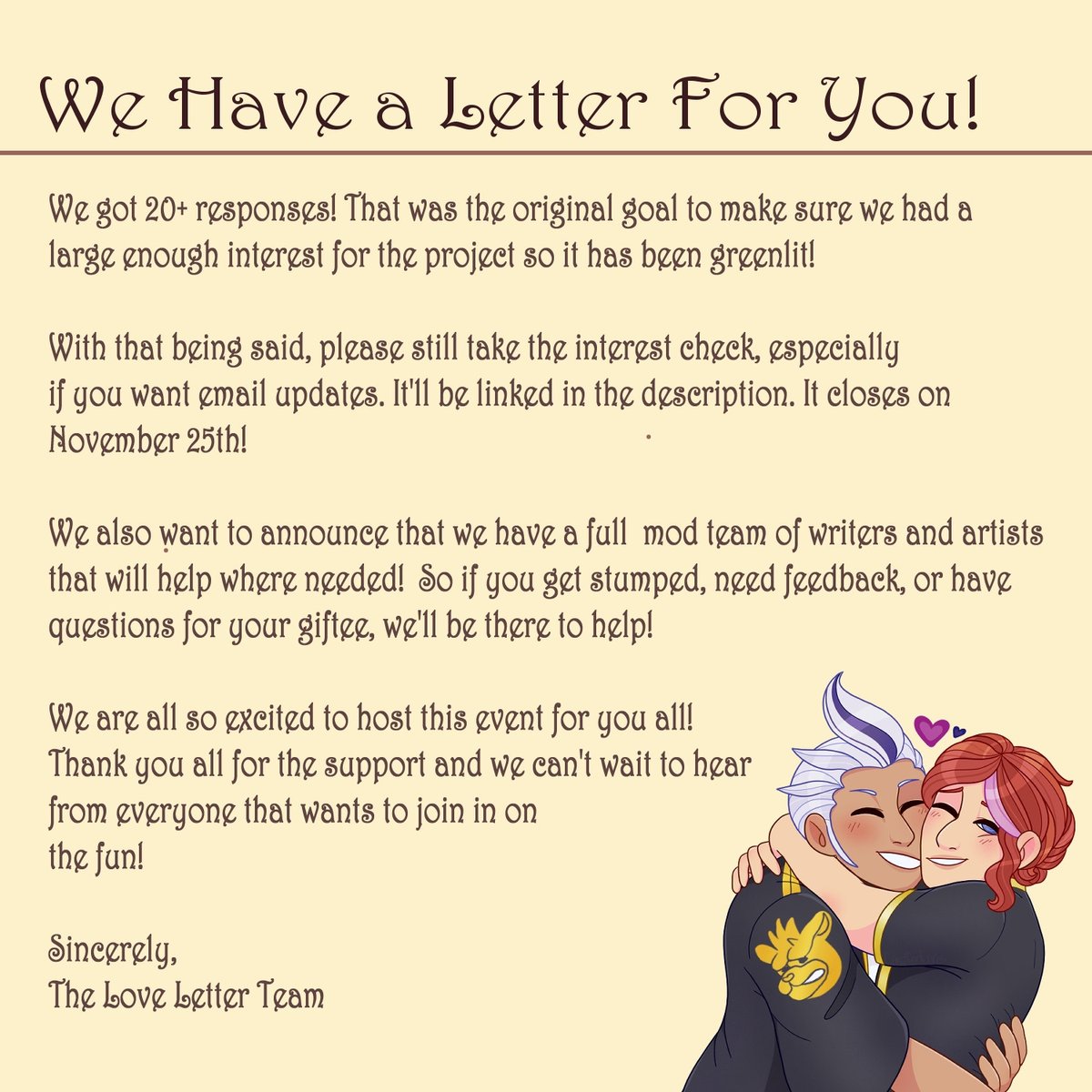 { #ocxcanon #yumeship #event }

✉️We Have a Letter For You!✉️

We got 20+ responses for the event, which was our original goal! We are excited to say this event is definitely happening!

Make sure to read the post and take the IC if you want email updates or have thoughts⬇️