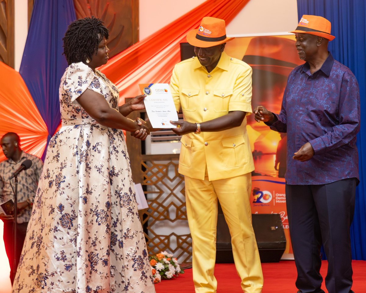 CSBeatriceMoe's tweet photo. At the Orange Democratic Movement (ODM) Founders’ Dinner, where we have been joined by H.E President Dr. William Ruto, H.E Dr. Musalia Mudavadi, Prime Cabinet Secretary and Cabinet Secretary for Foreign & Diaspora Affairs and other leaders, to honour the party’s journey and reaffirm commitment to its ideals.

I was presented with a founding member certificate by the President, who was himself at the heart of the formation of ODM.

Congratulations, ODM@20