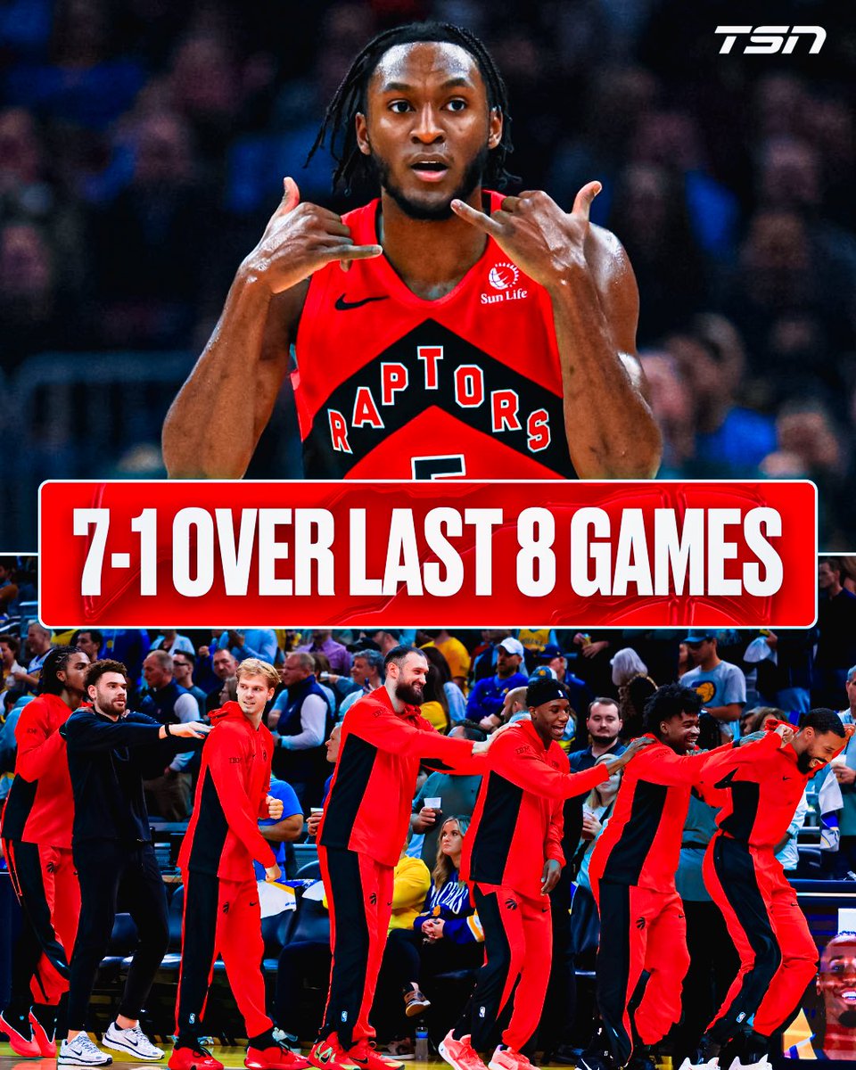 TSN_Sports's tweet image. The Toronto Raptors are ROLLING right now! They’re 7-1 over their last eight and sit fourth in the East at 8-5 👀🔥